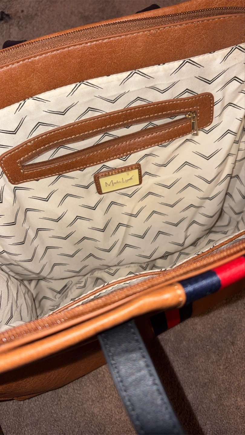 Brown Tote Bag with Red and Blue Stripe Accent - photo 3