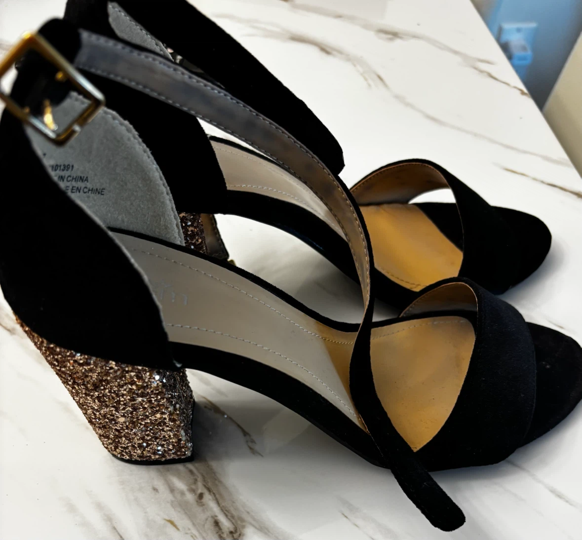 Black Suede Heels with Glitter Block Heel