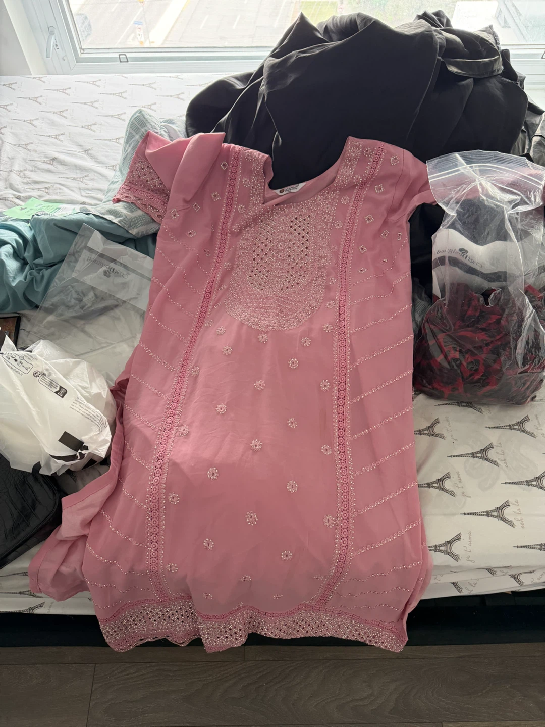 Pink Embroidered Kurti set with pants and scarf