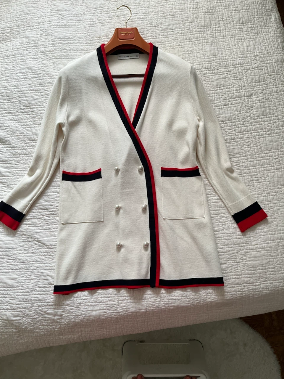 Zara Knit Double-Breasted Cardigan - White/Red/Navy - Size L