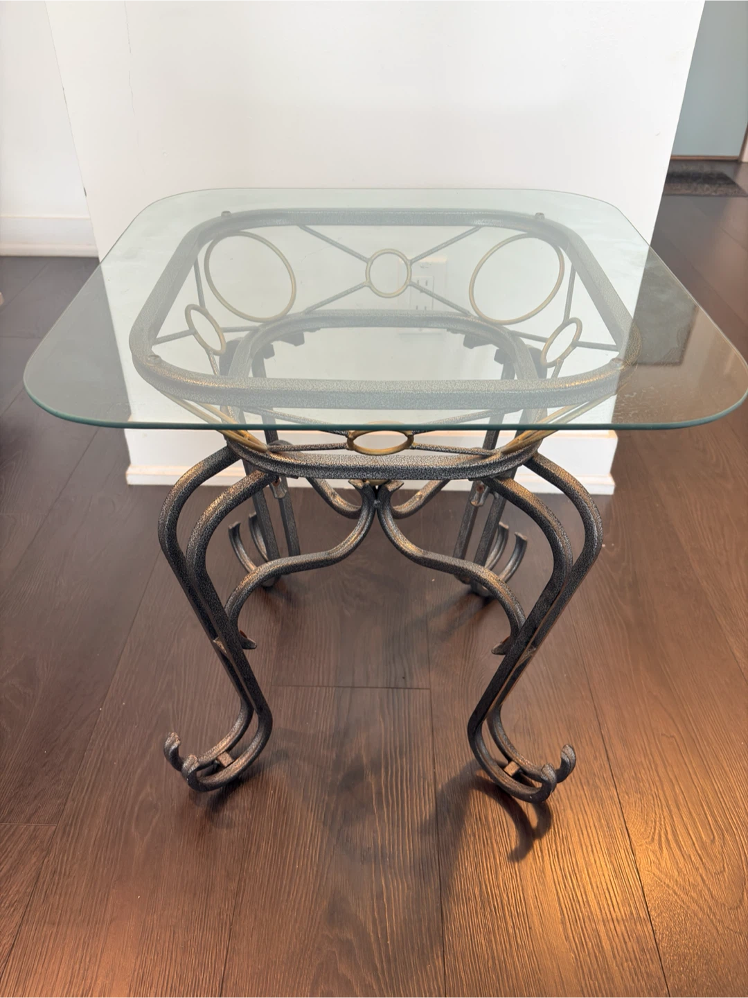 Glass Top Side Table with Ornate Metal Base