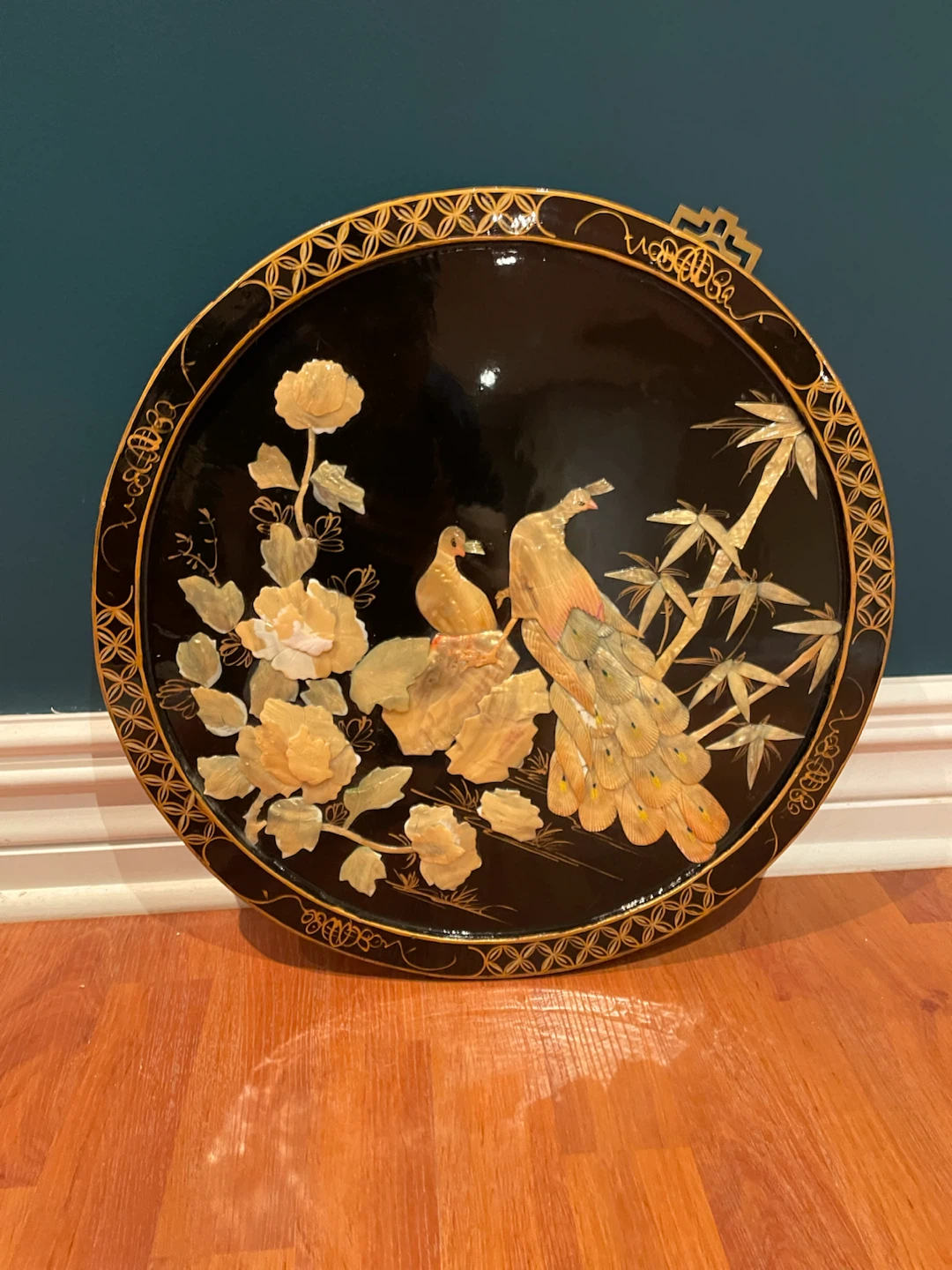 Vintage Black Lacquer Wall Art Plate with Peacock Design