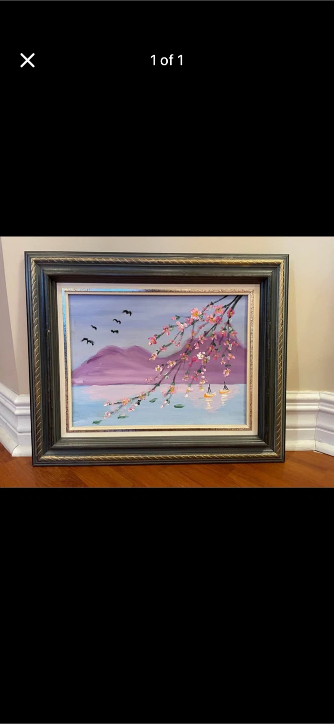 Framed Painting of Cherry Blossoms and Mountains