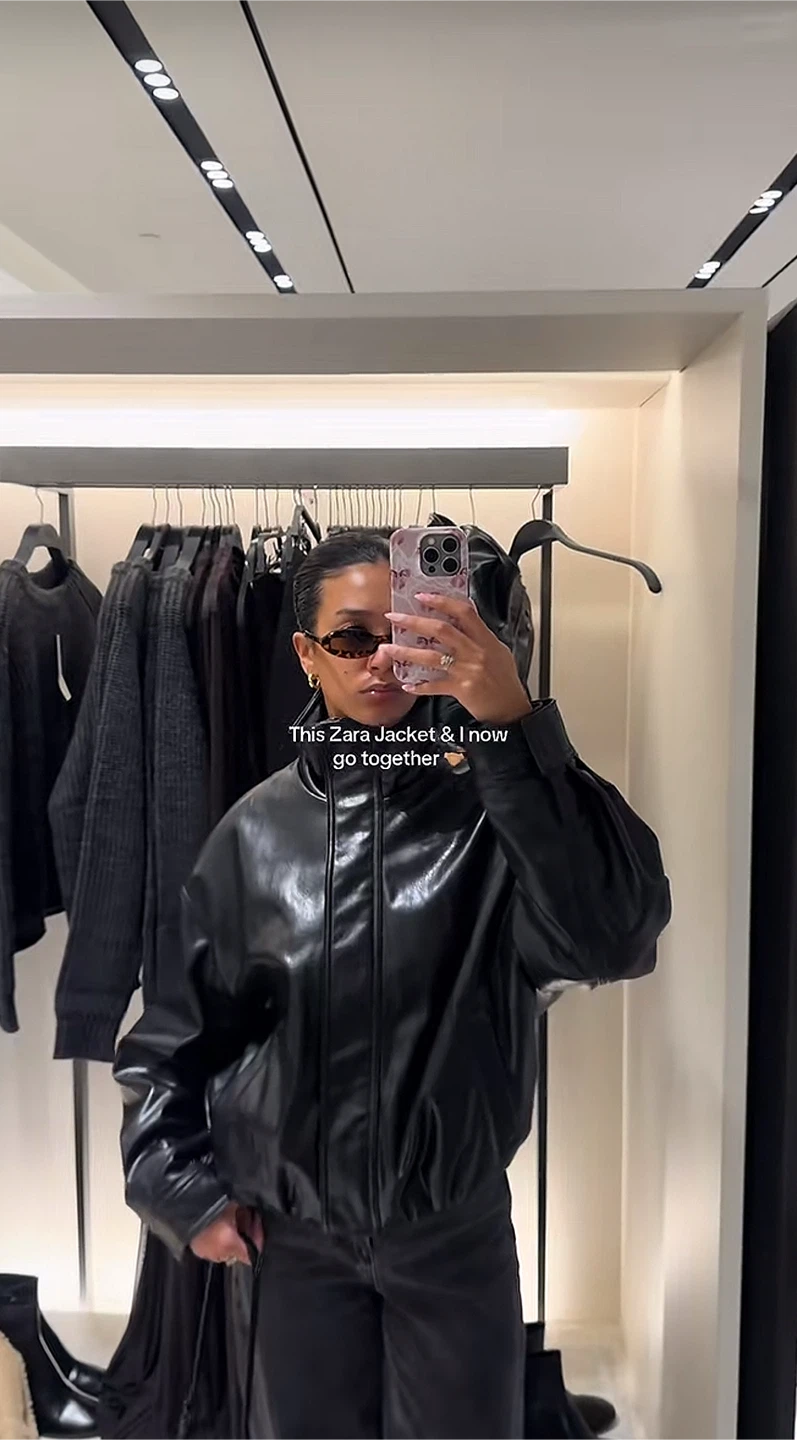 Zara Black Faux Leather Bomber Jacket