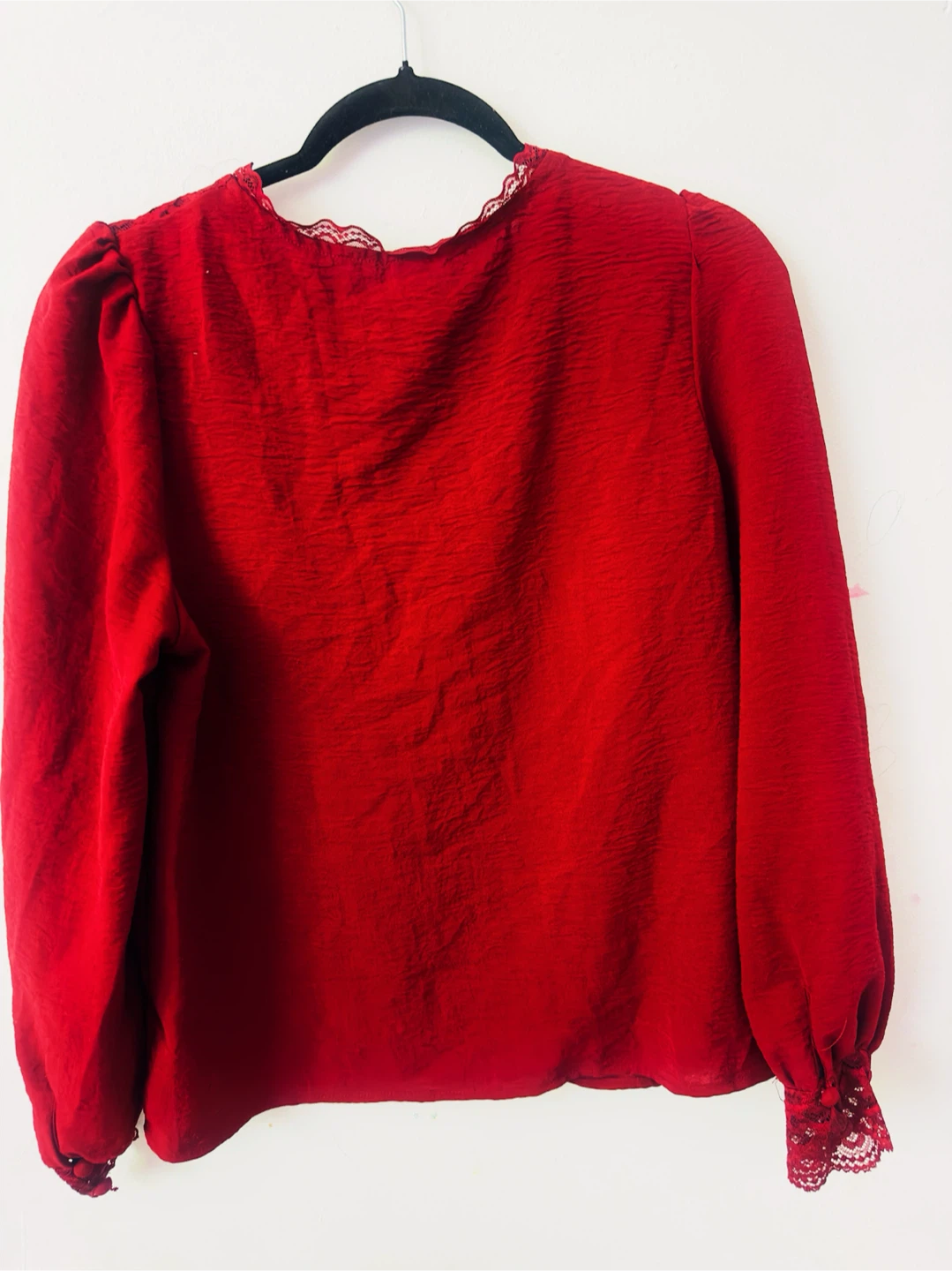 SHEIN Red Button-Up Lace Trim Blouse
