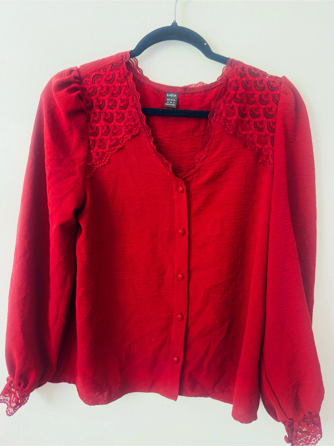 SHEIN Red Button-Up Lace Trim Blouse - photo 2