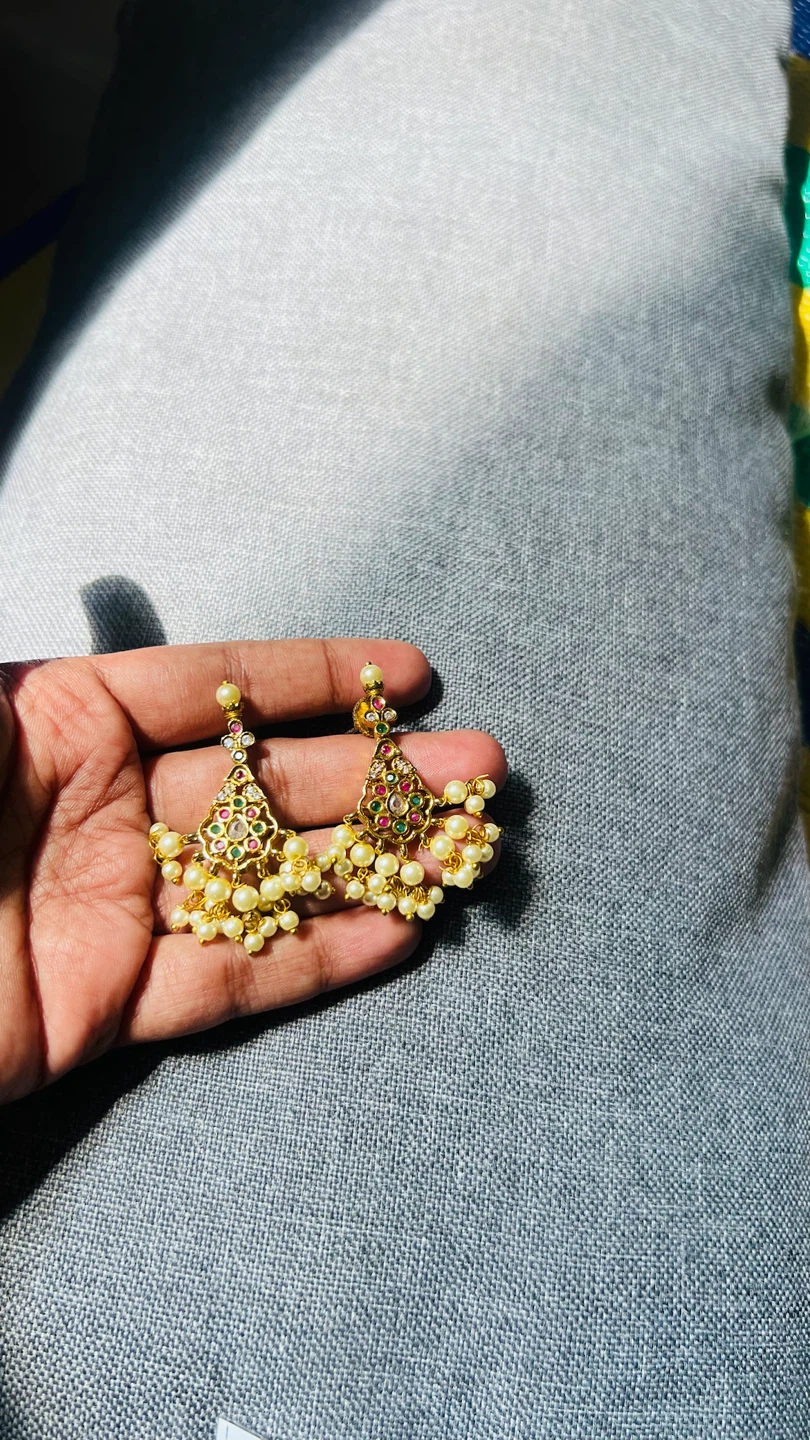 Gold Chandelier Earrings with Pearls and Gemstones