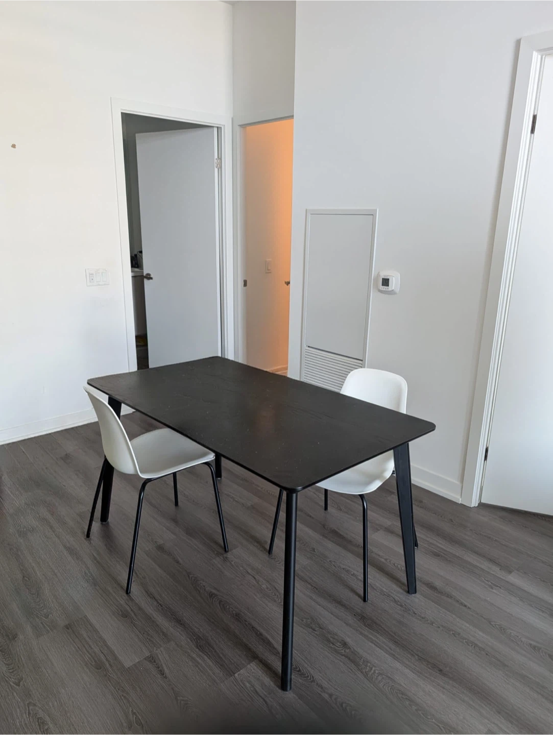 Black Dining Table with 2 White Chairs