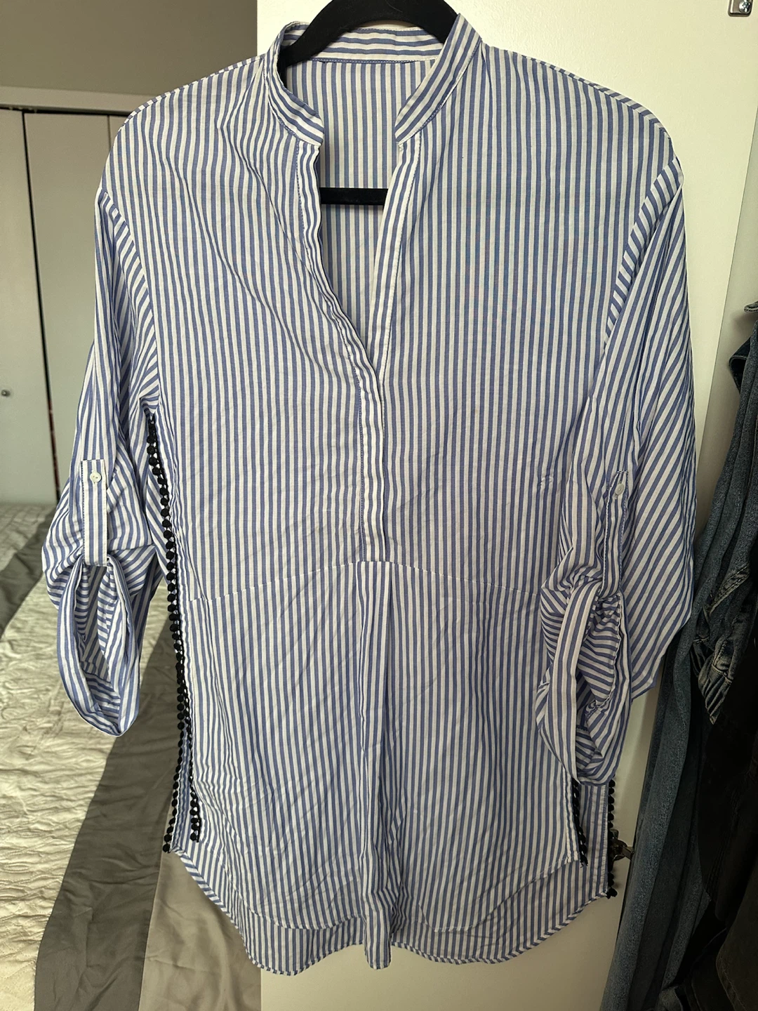 Blue and White Striped Long Sleeve Tunic Blouse