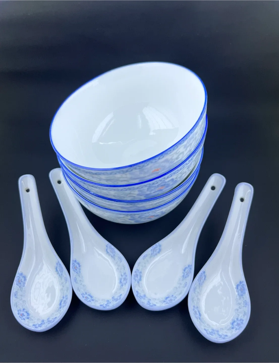 Blue & White Porcelain Bowls and Spoons Set