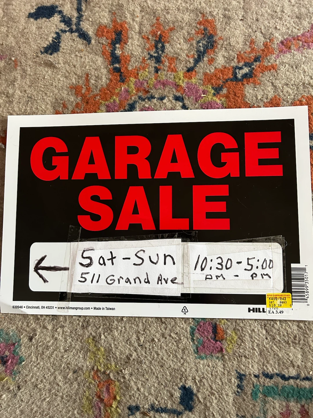 Garage Sale Sign - Sat-Sun, 511 Grand Ave
