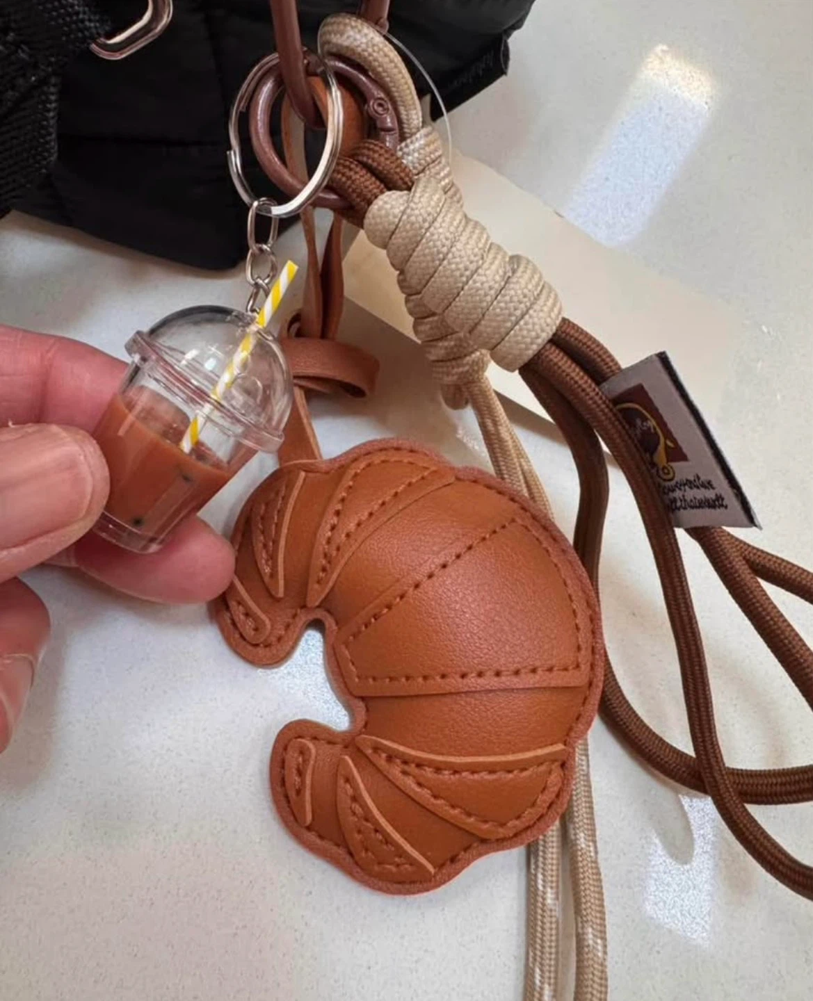 Croissant Coffee Bag Charm Keychain Set
