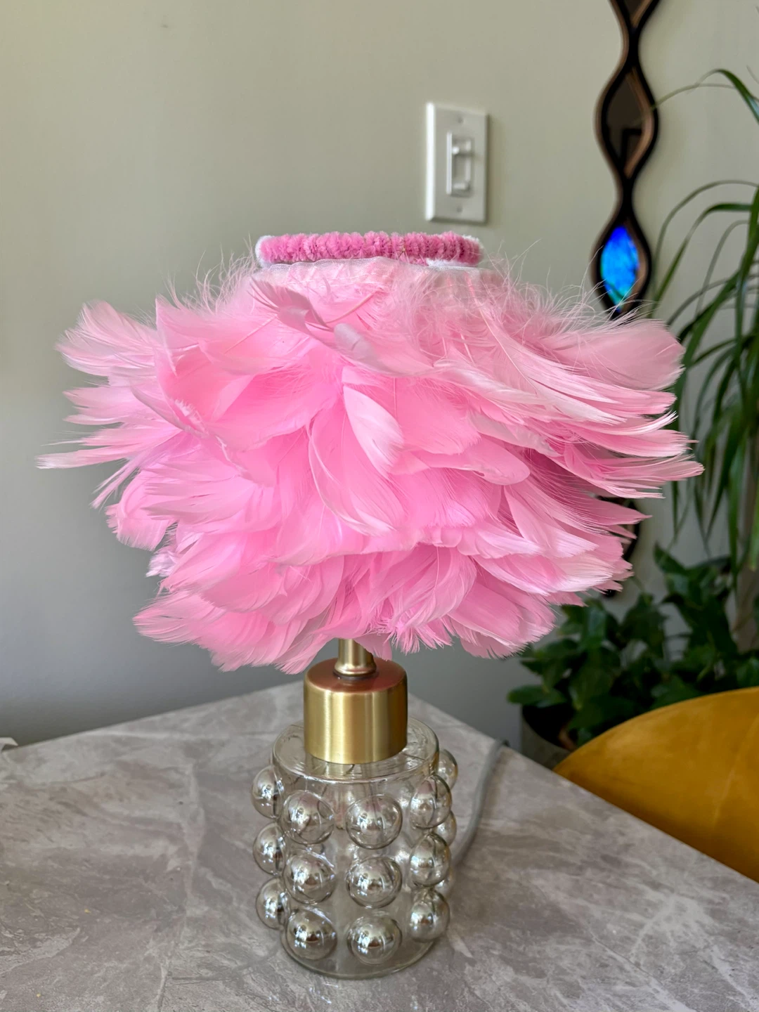 Kitchy Pink Feather and Glass lamp