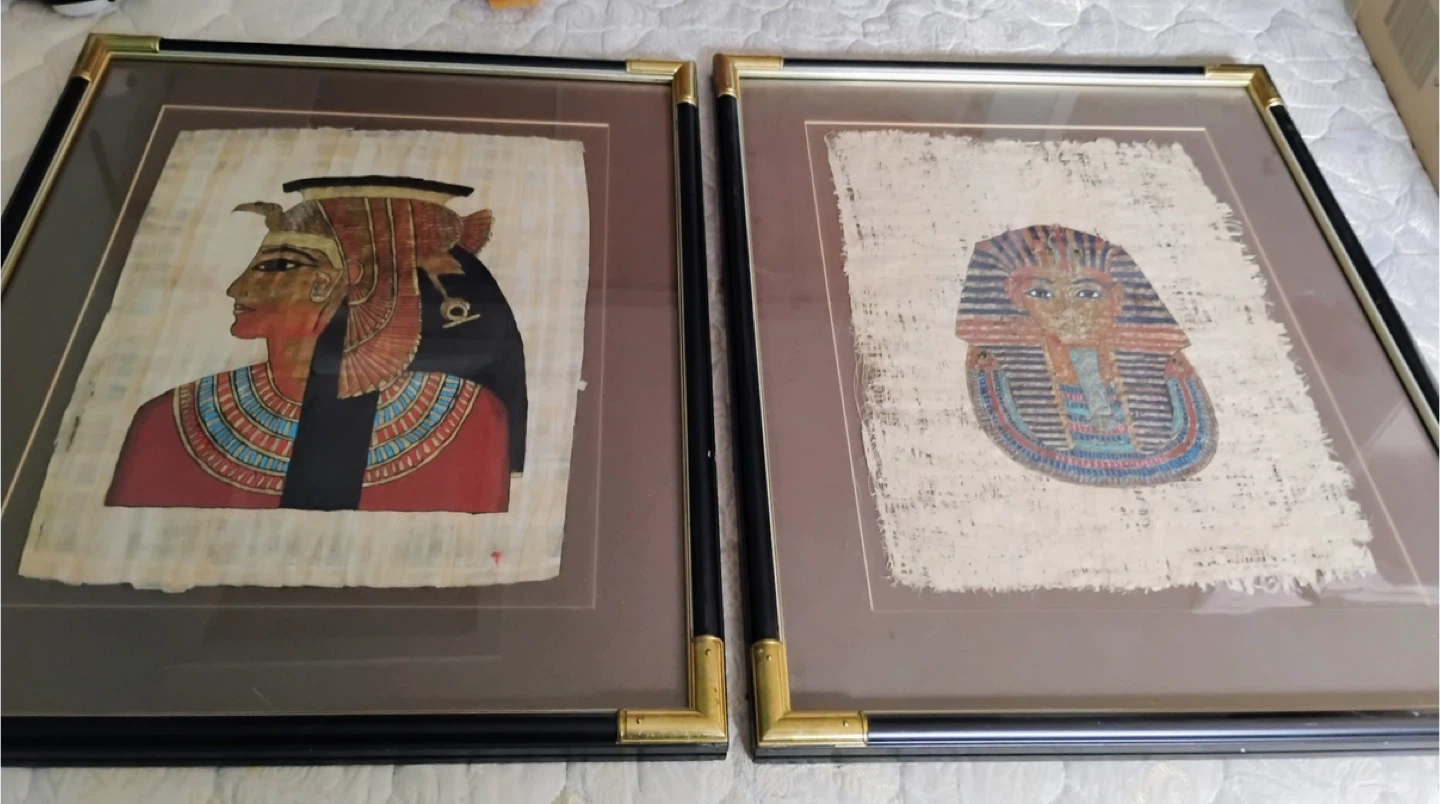 Framed Egyptian Papyrus Art - King Tut & Queen