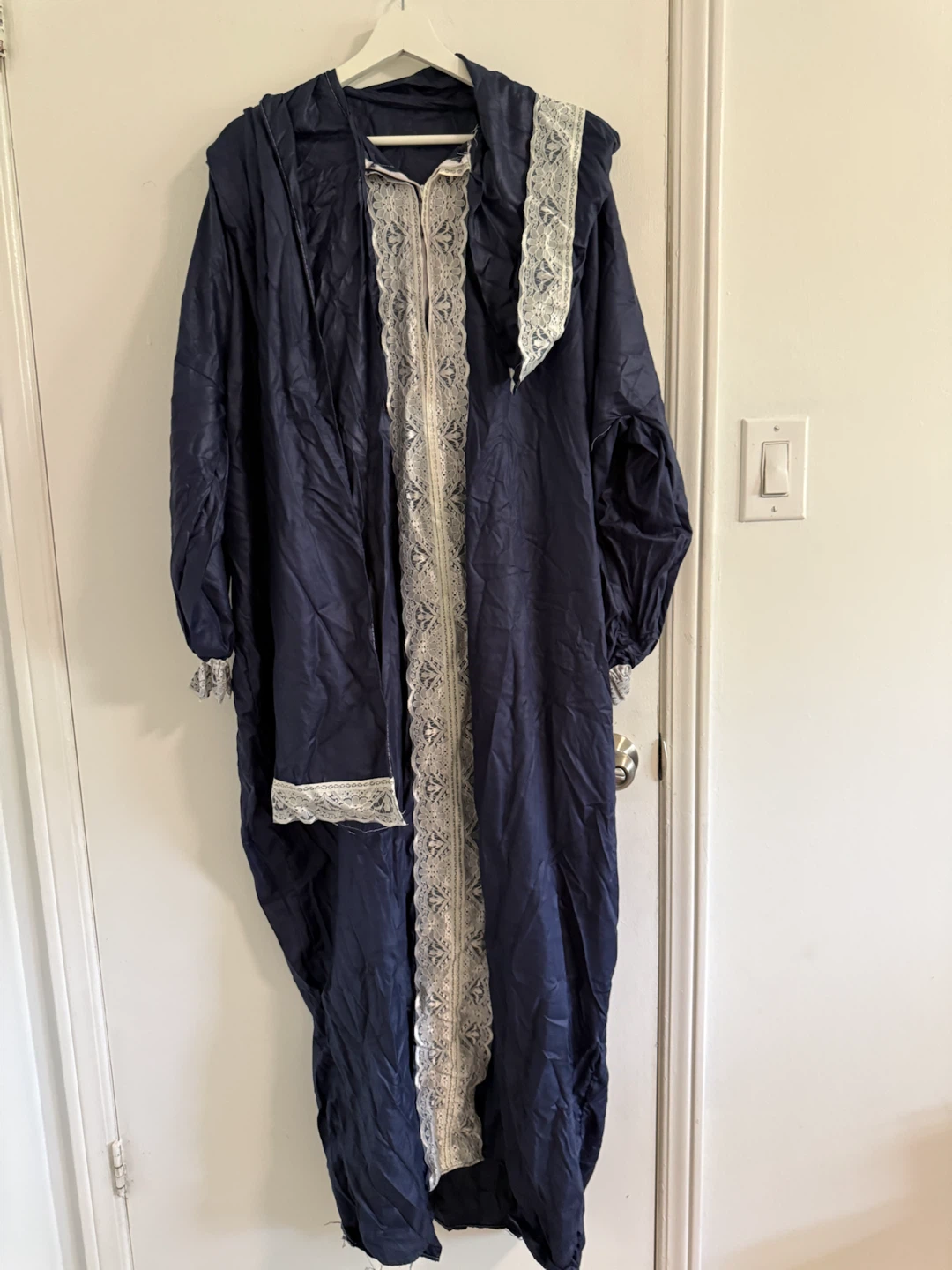 Navy Blue Kaftan with White Lace Trim