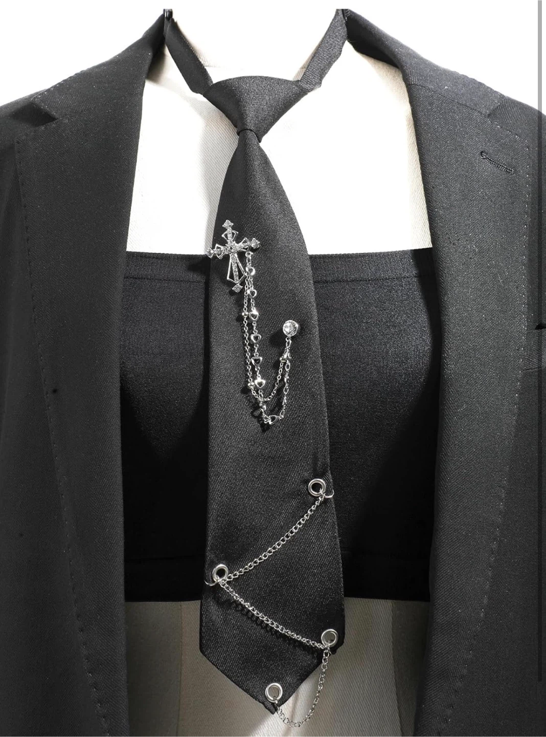 Black Tie with Cross Charm and Chains - photo 2
