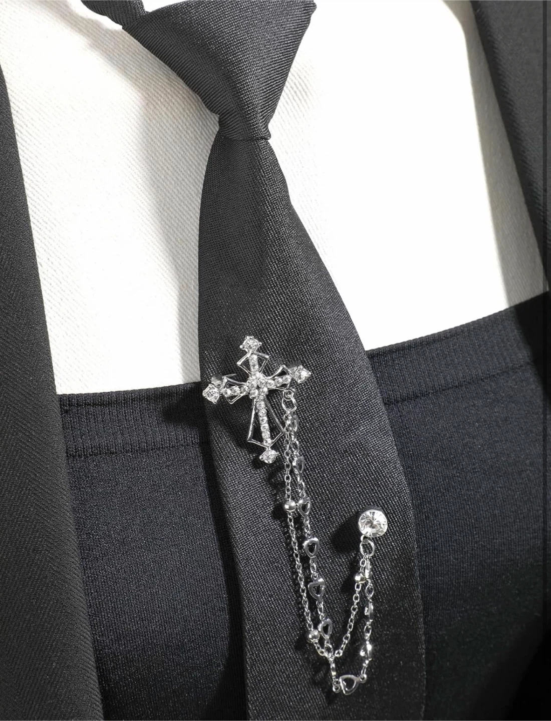 Black Tie with Cross Charm and Chains - photo 3