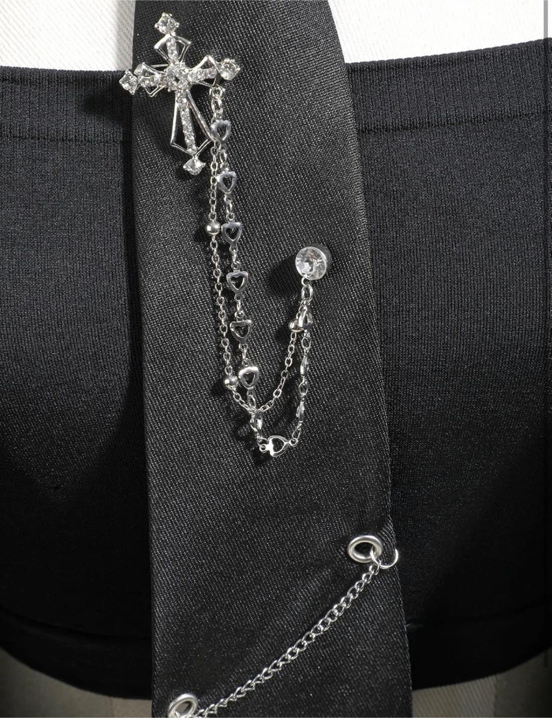 Black Tie with Cross Charm and Chains - photo 4