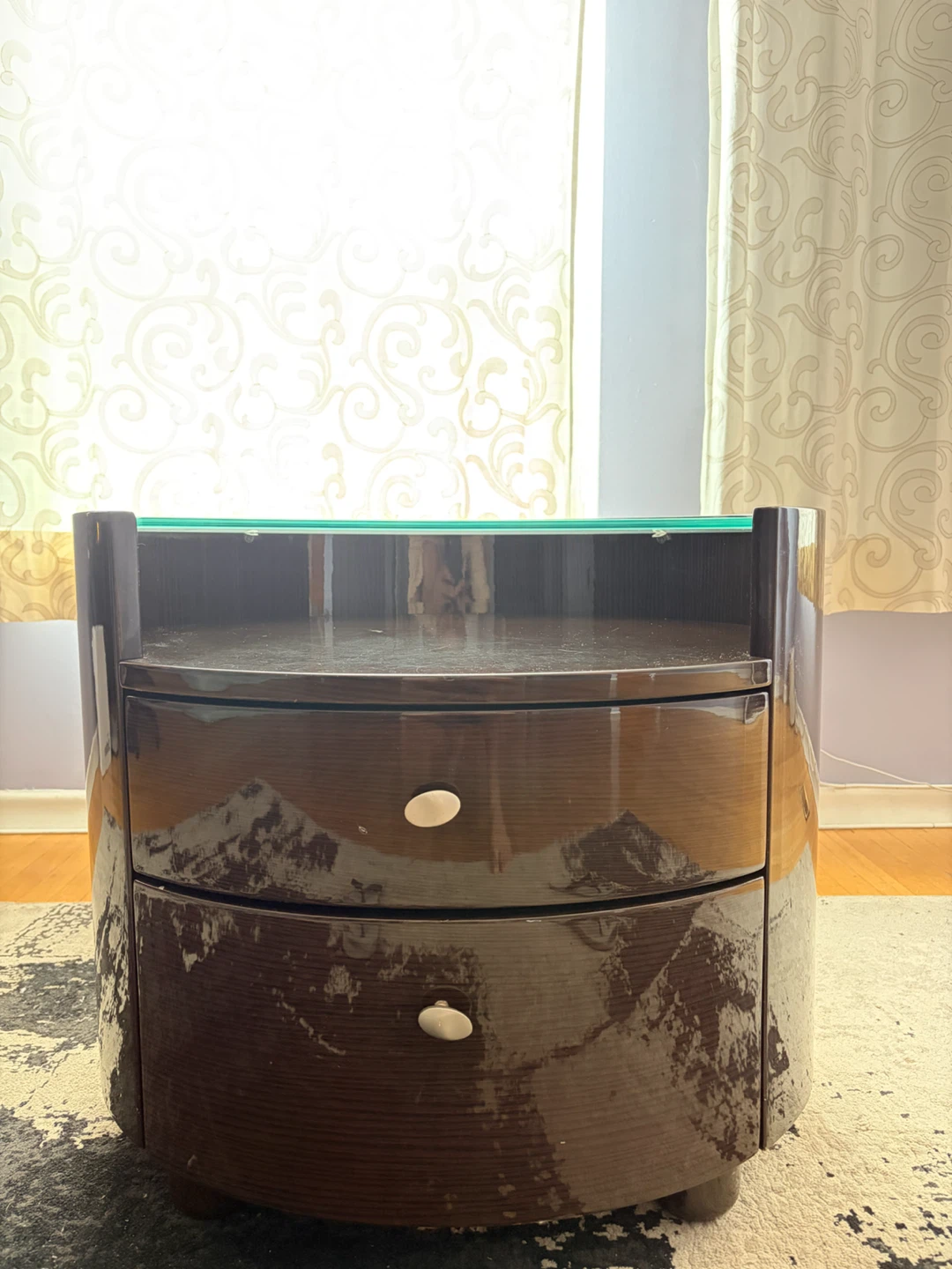 Round Wood Nightstand with Glass Top