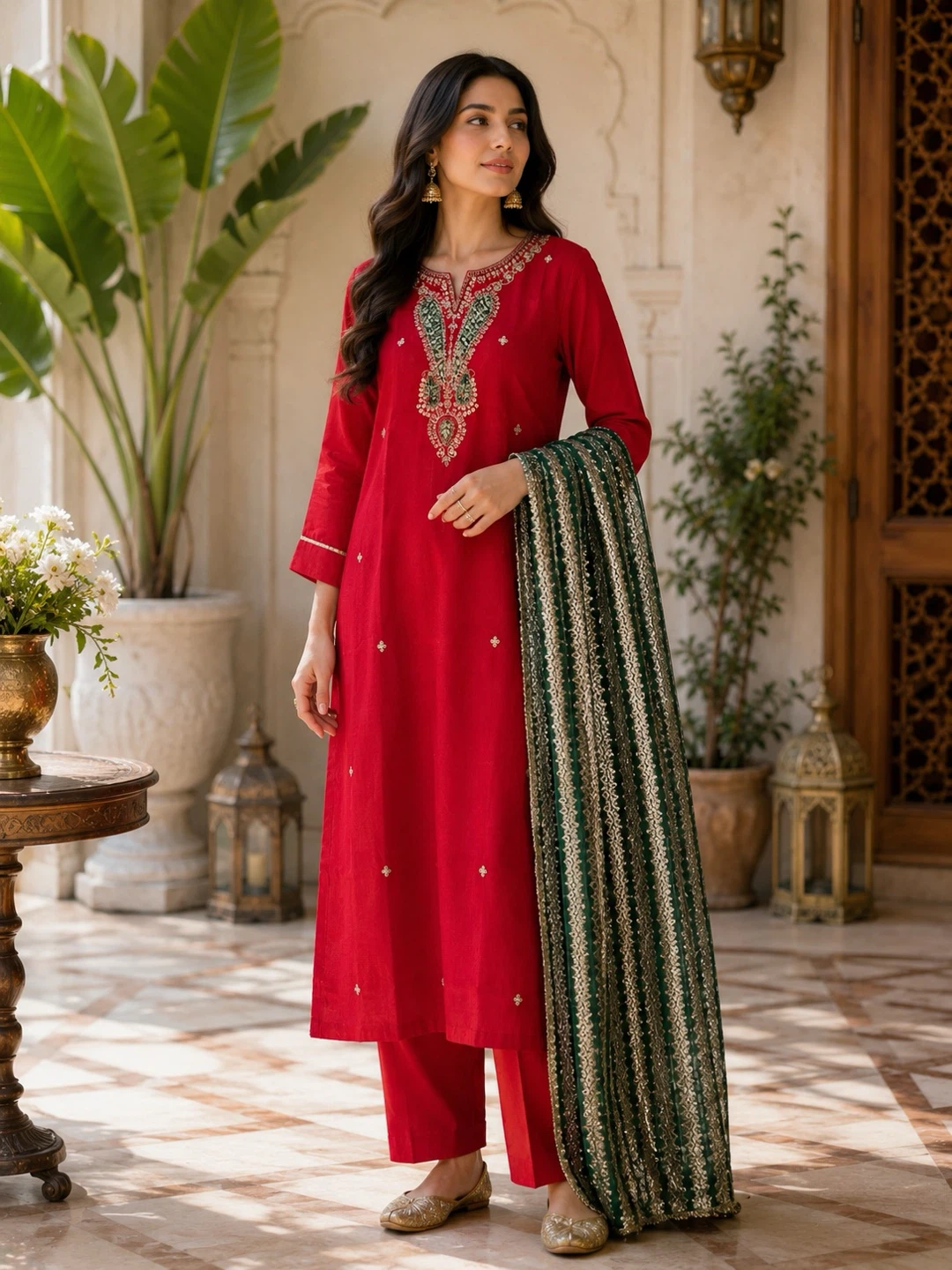 Red Embroidered Kurti with Pants and Dupatta