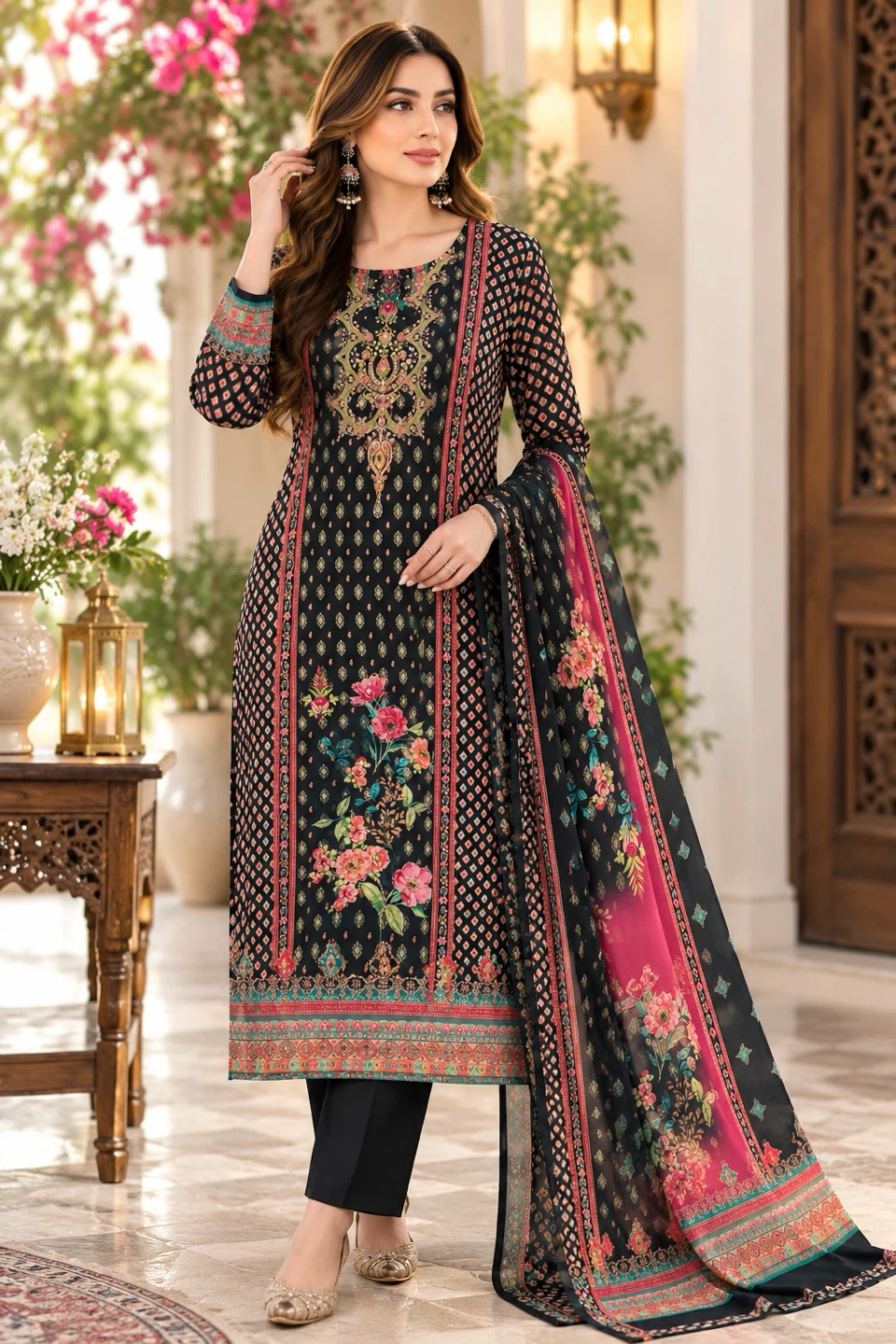 Women's Black Floral Print Dress with Dupatta