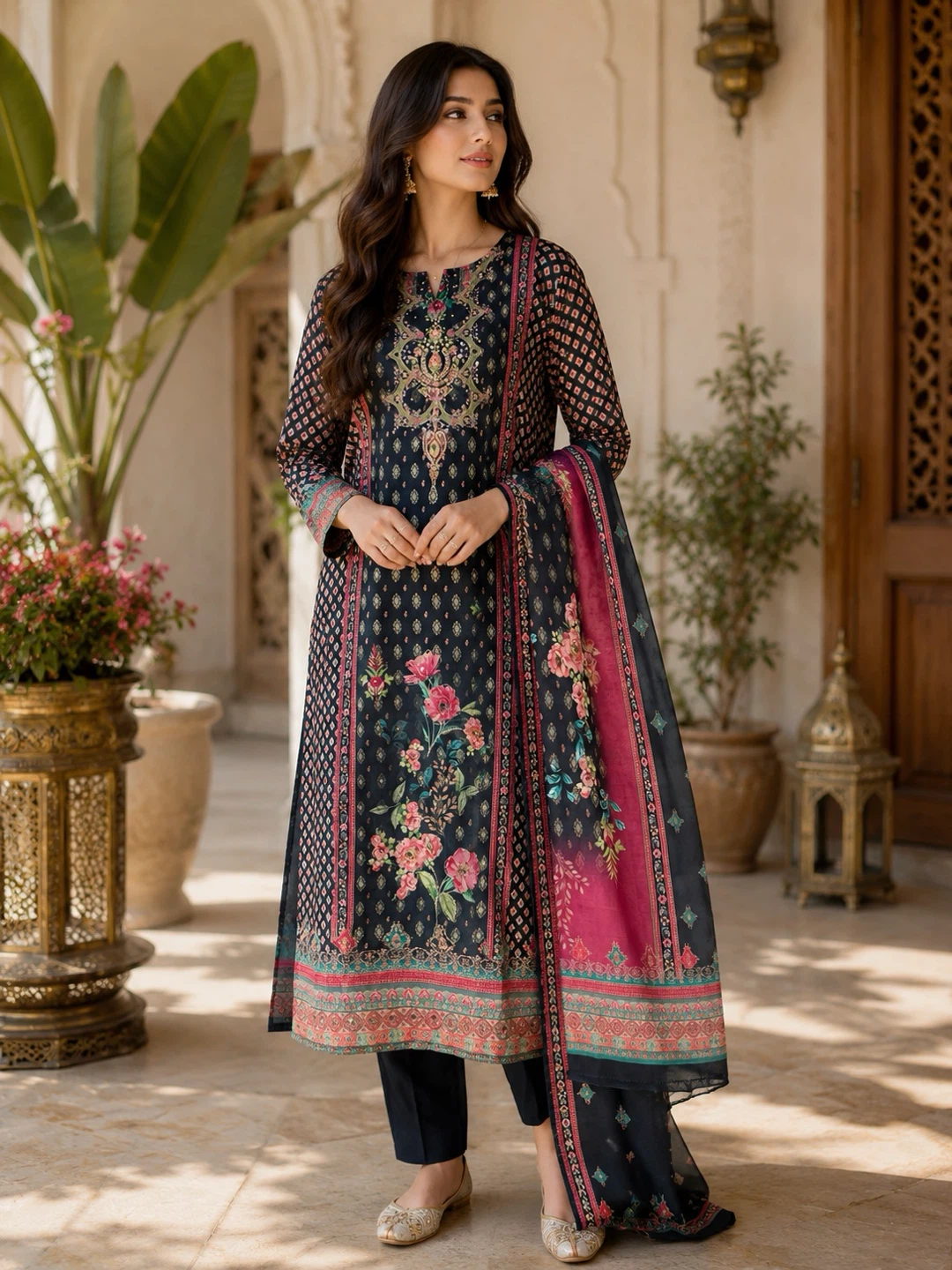 Women's Black Floral Print Dress with Dupatta - photo 2
