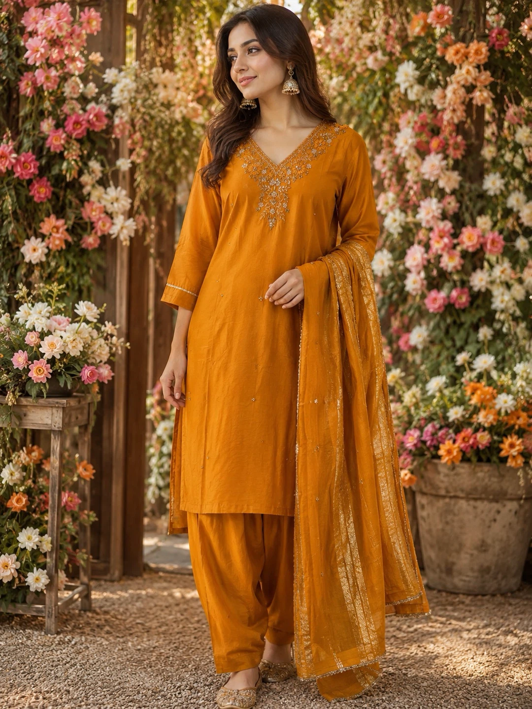Women's Mustard Yellow Embroidered Kurta and Salwar Suit Set