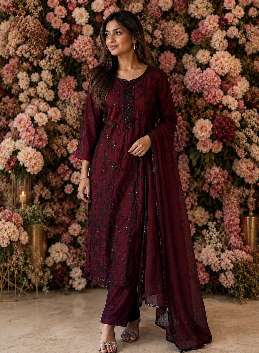 Maroon Embroidered Kurti Set with Dupatta