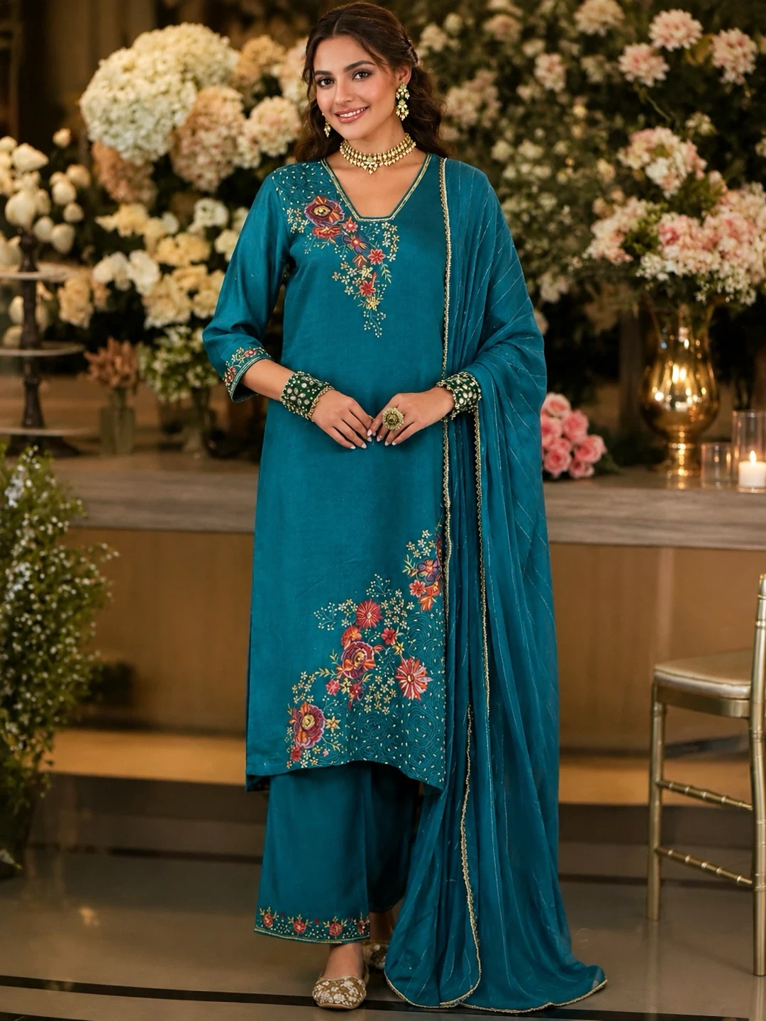 Teal Embroidered Kurta Set with Palazzo Pants and Dupatta
