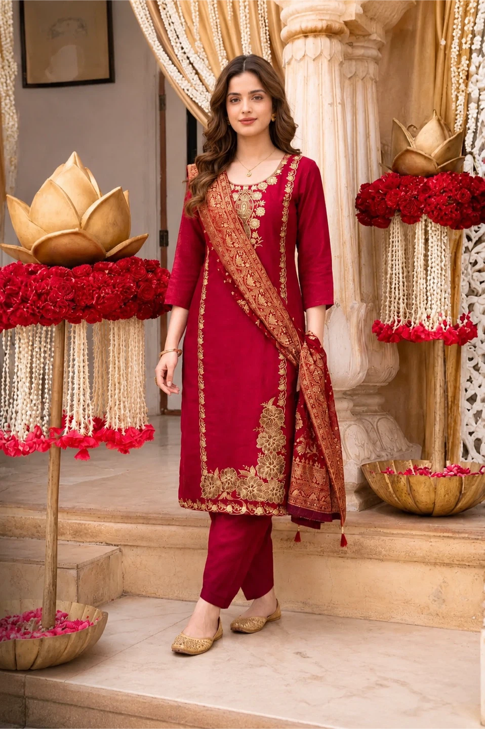 Red Embroidered Suit with Dupatta