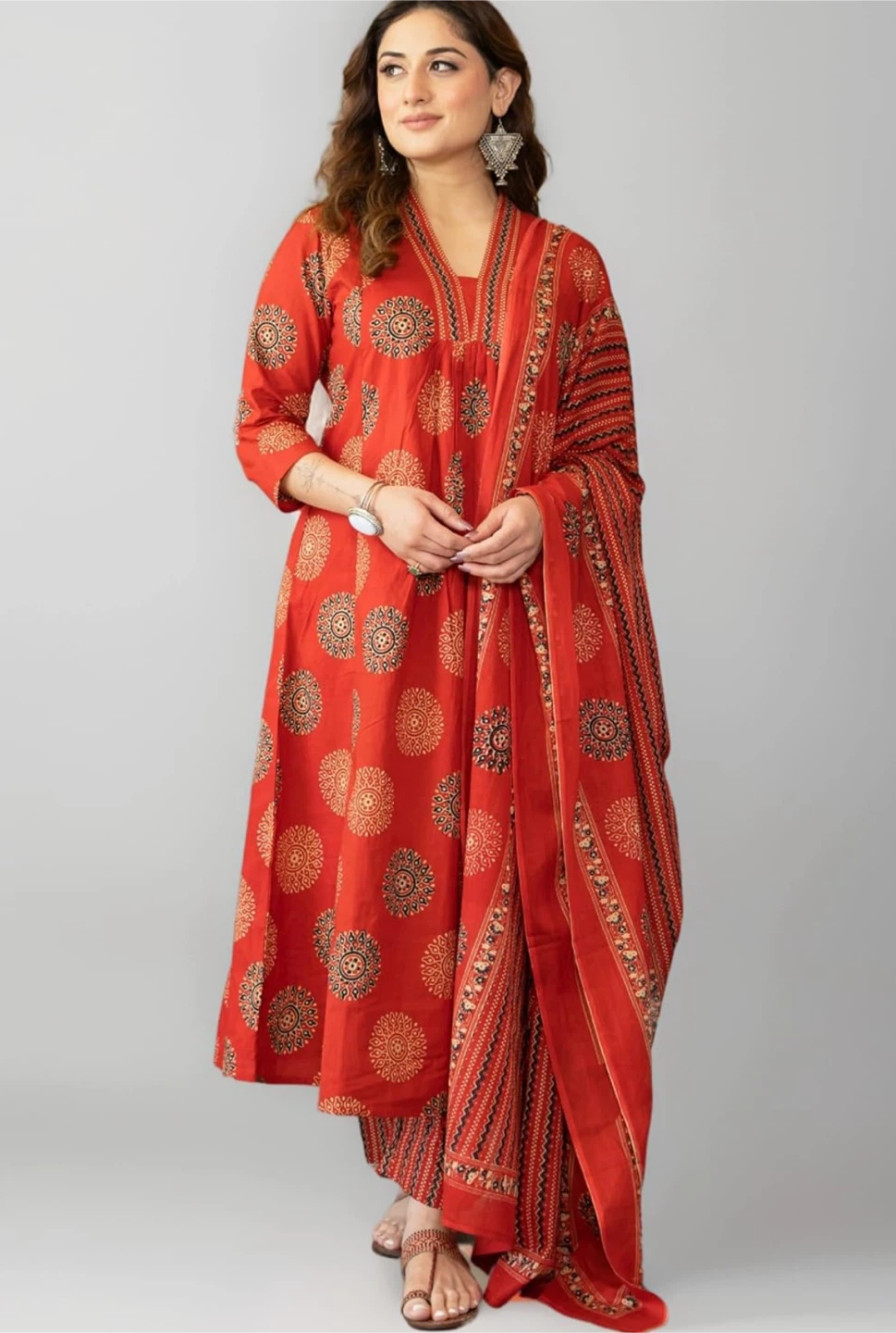 Women's Red Indian Kurti Set with Dupatta