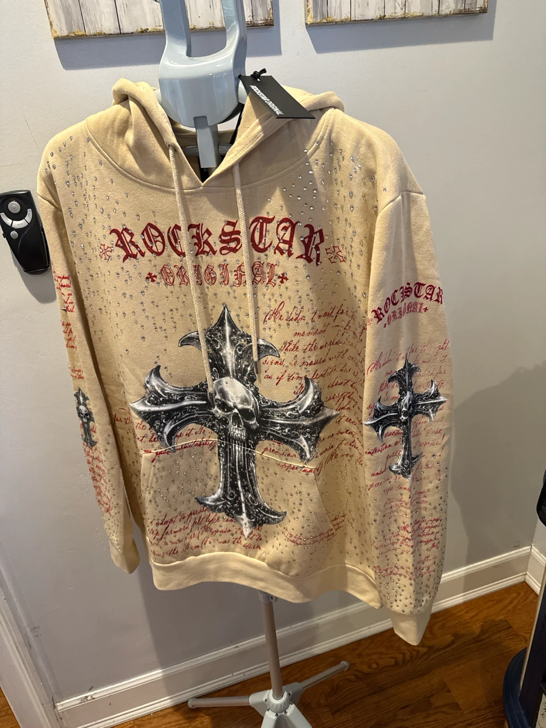 Rockstar Original Cream Rhinestone Skull Cross Hoodie - photo 2