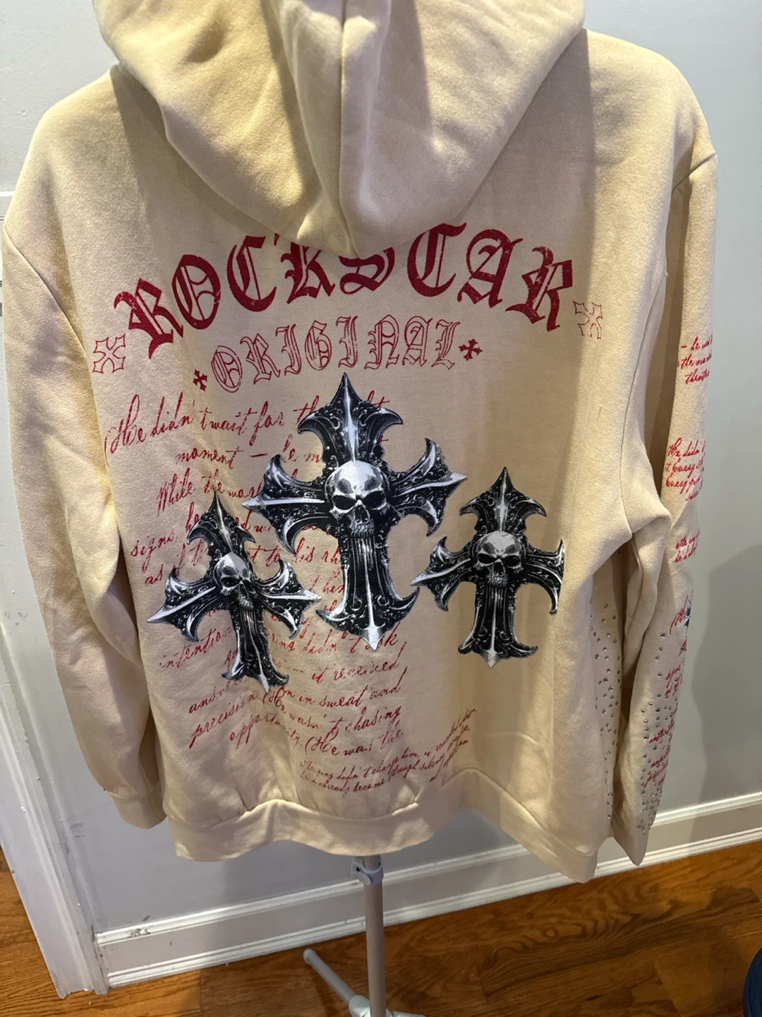 Rockstar Original Cream Rhinestone Skull Cross Hoodie - photo 3