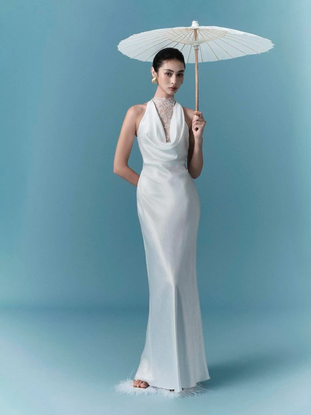White Halter Neck Evening Gown