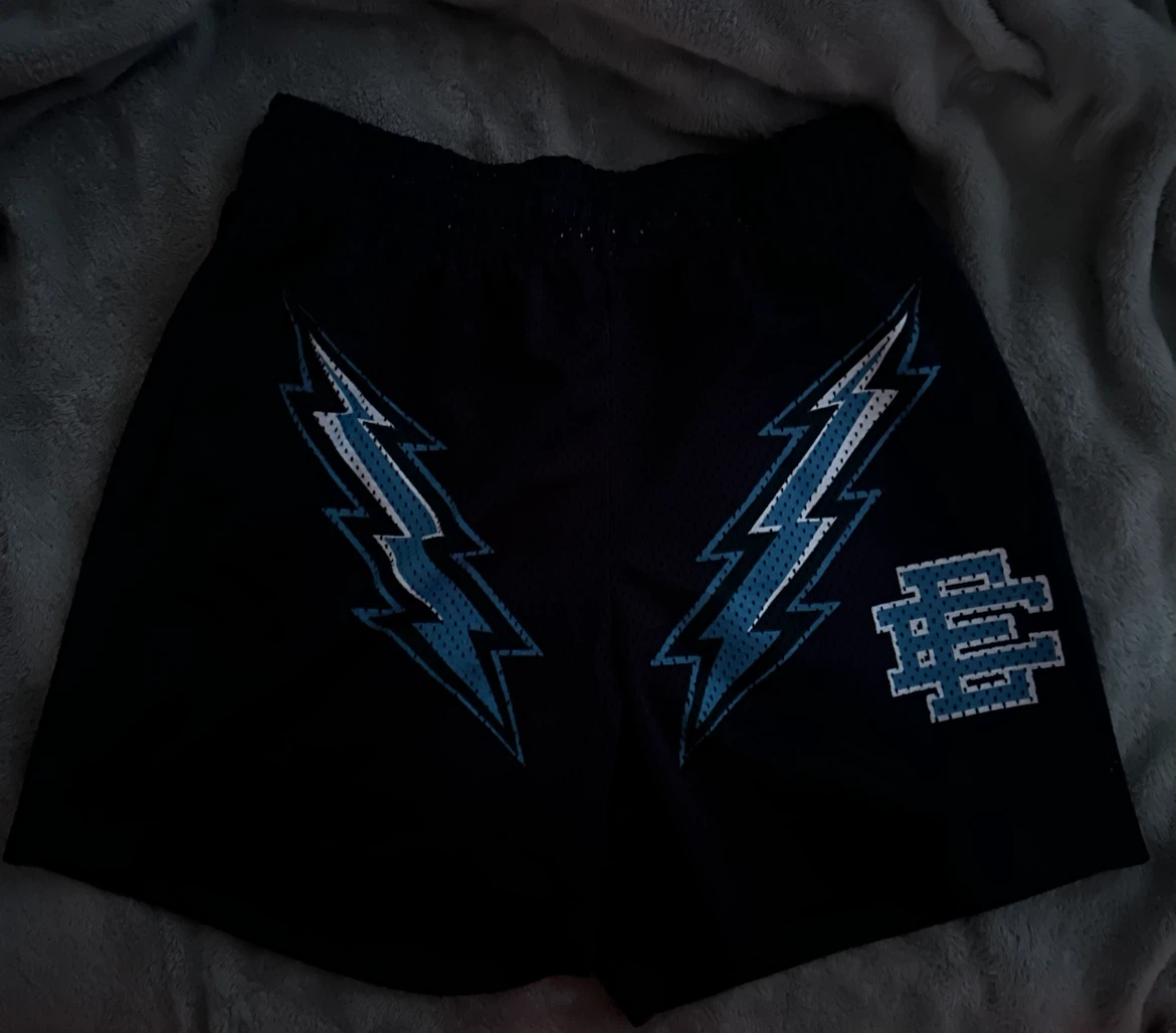 Evisu Black Shorts with Blue Lightning Bolt Logo Size Medium