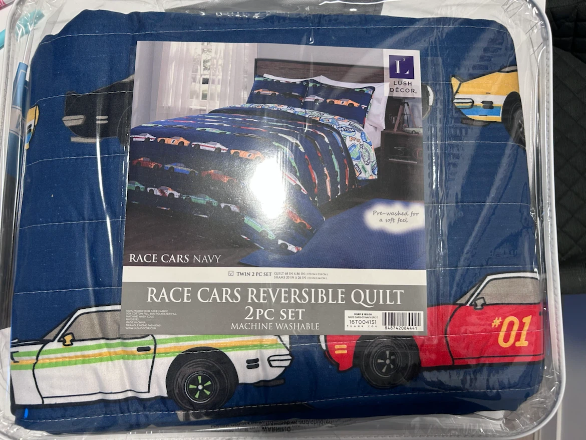 Brand new kids reversible race car quilt set