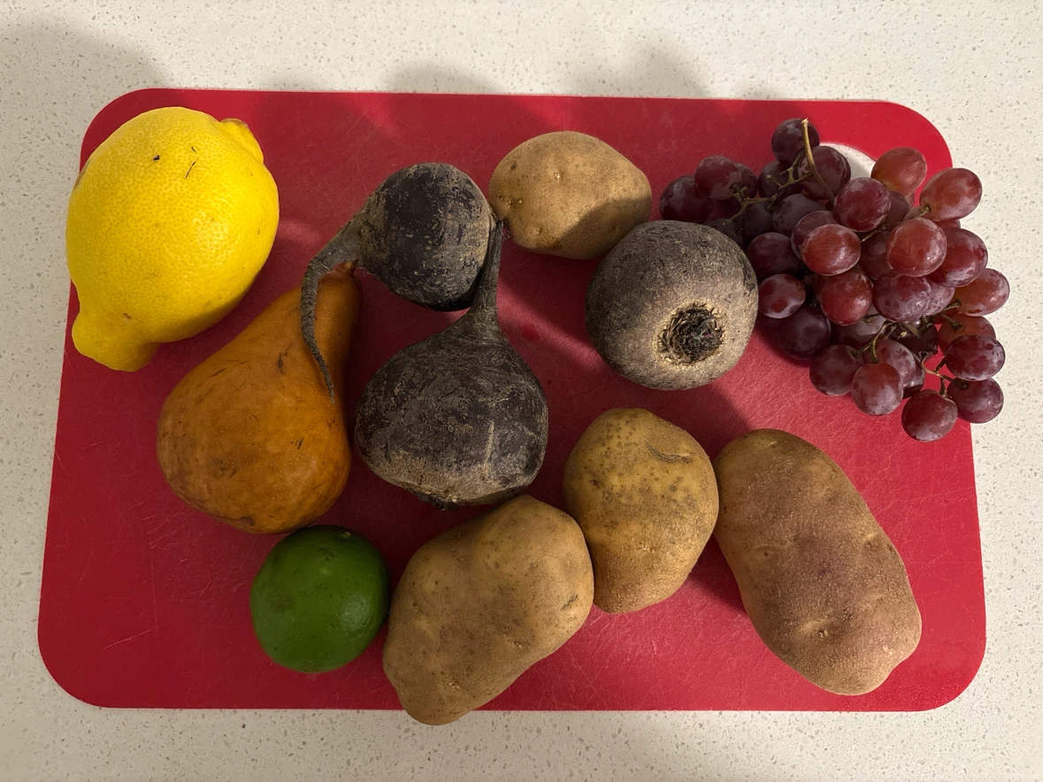 Beets, Potatoes, Grapes, Lemon, Lime, and Gourd