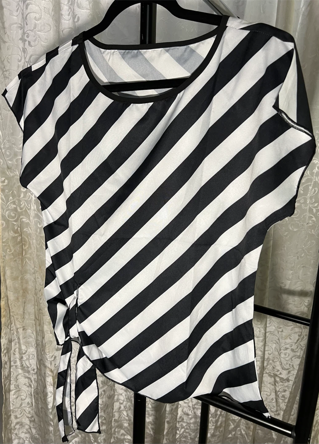 Black and White Striped Top with Tie Detail