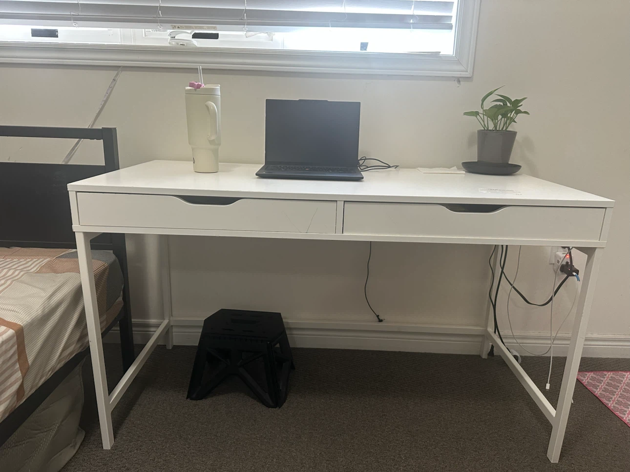 White Desk / Office Table with 2 Drawers & Cable Management