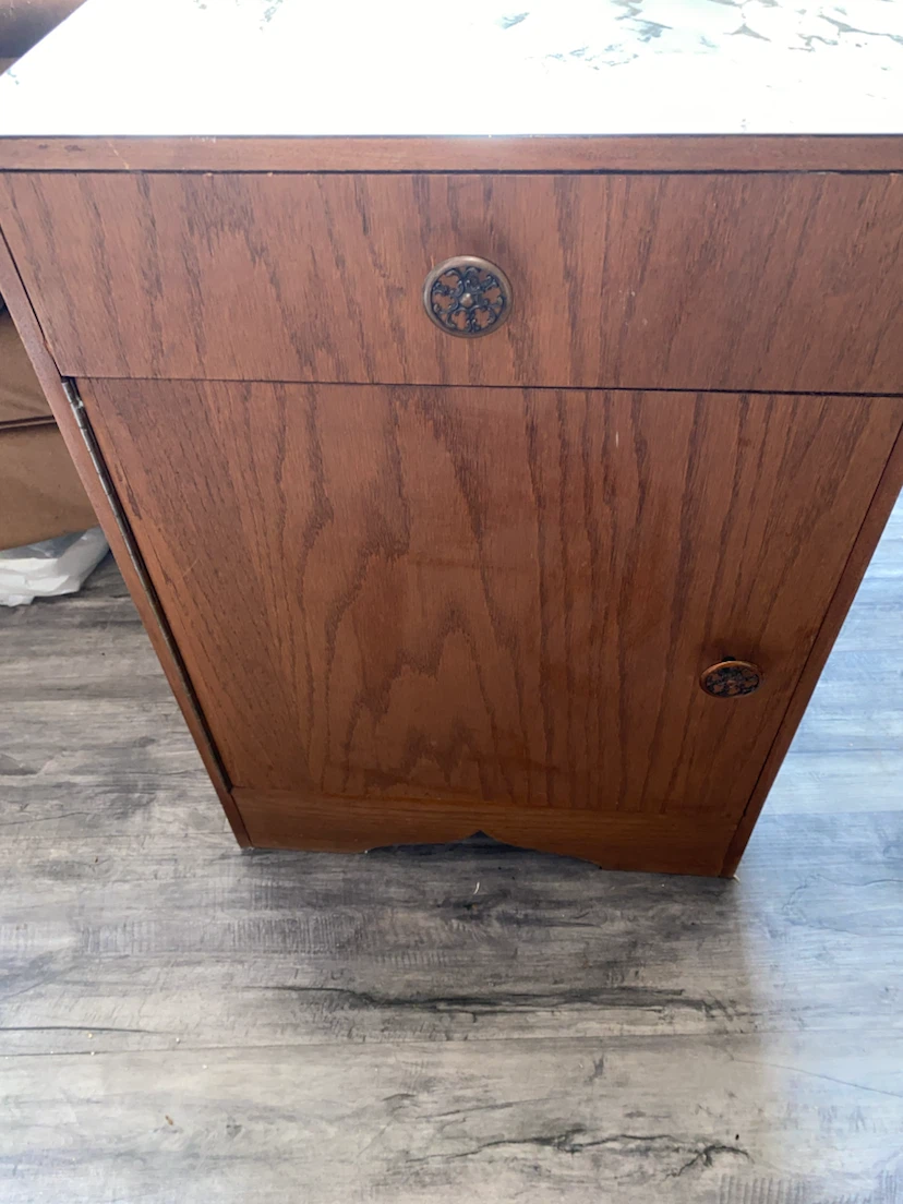 Vintage Oak Wood Side Table with Faux Marble Top