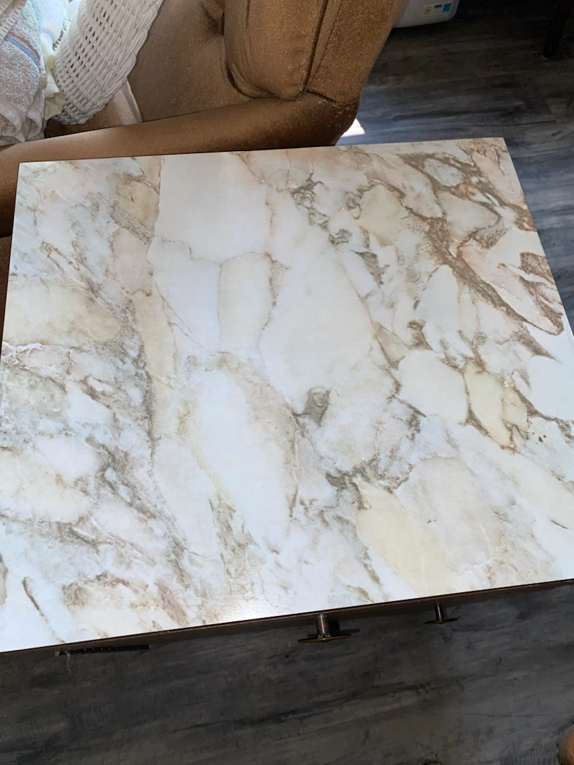 Vintage Oak Wood Side Table with Faux Marble Top - photo 2