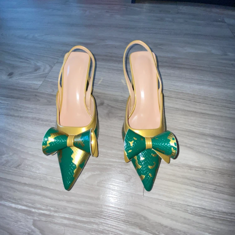 Gold and Green Bow Slingback Heels