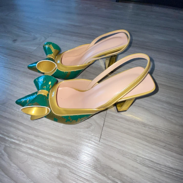 Gold and Green Bow Slingback Heels - photo 2