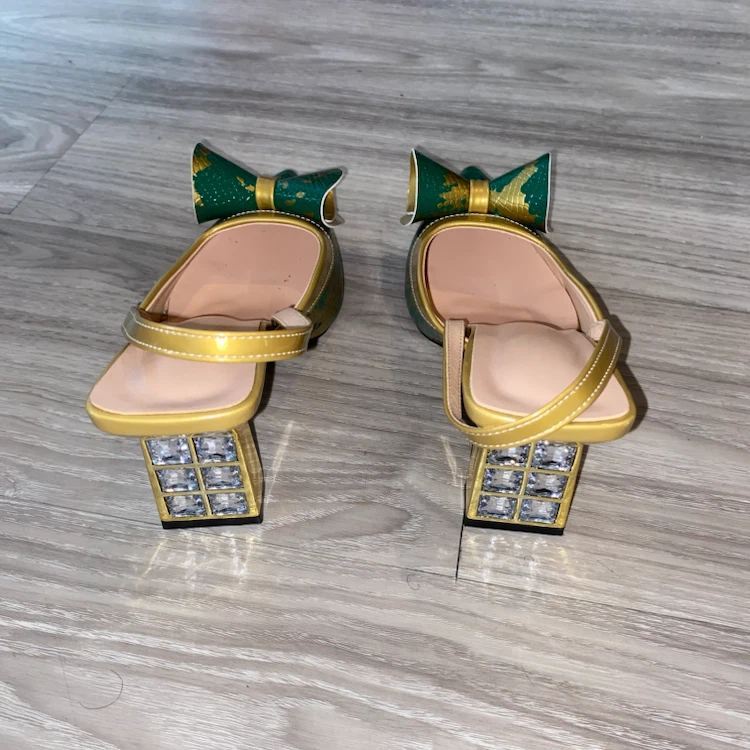 Gold and Green Bow Slingback Heels - photo 3