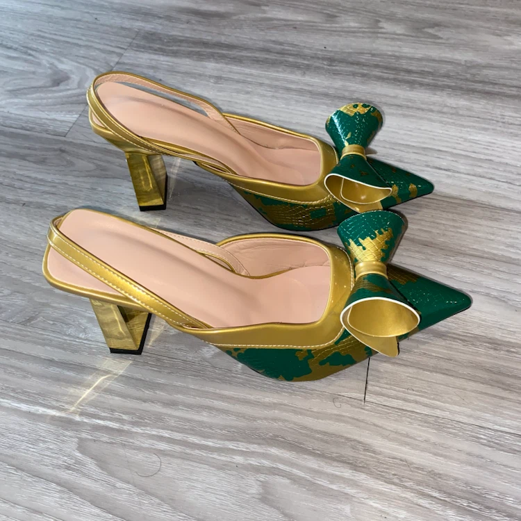 Gold and Green Bow Slingback Heels - photo 4