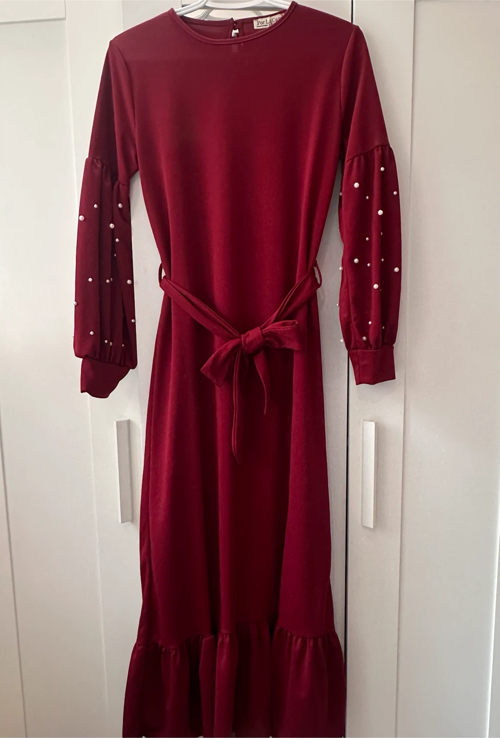 Red dress with pearl sleeves