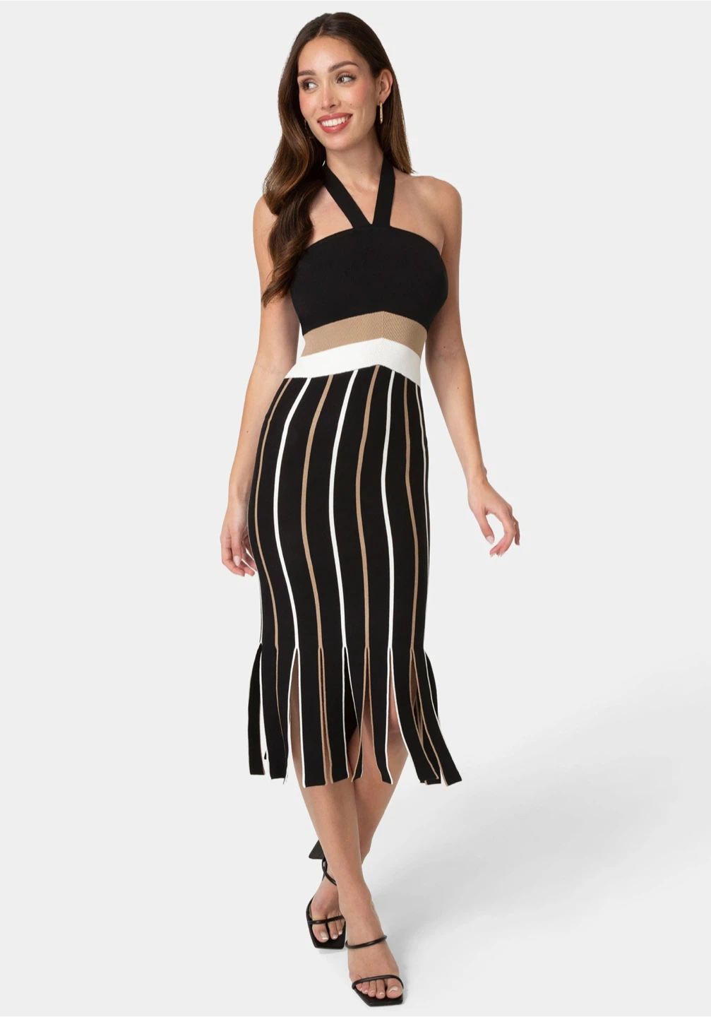 Bebe Halter Neck Striped Knit Dress