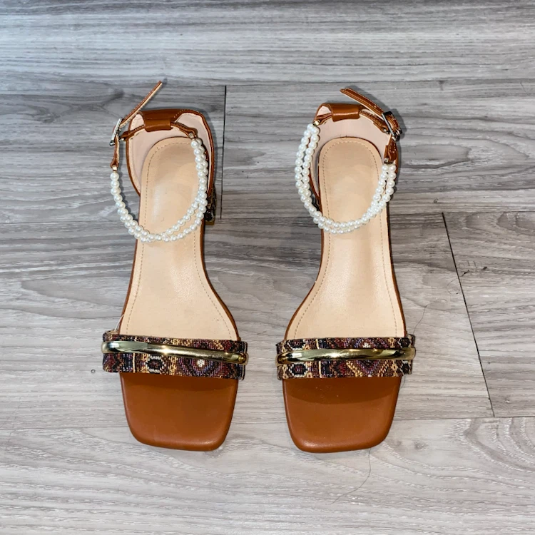 Brown Strappy Block Heel Sandals with Pearls