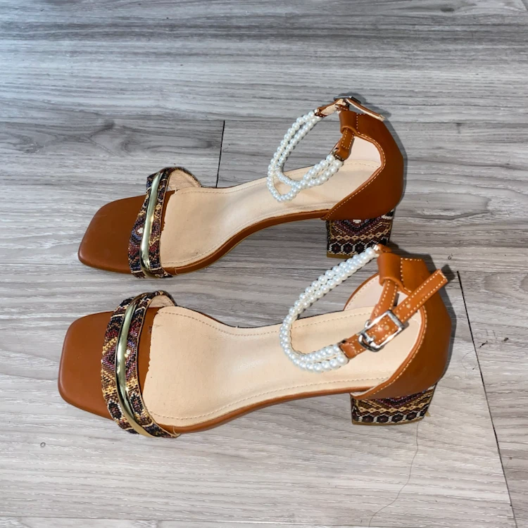 Brown Strappy Block Heel Sandals with Pearls - photo 2