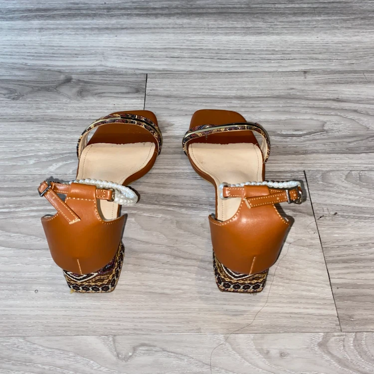 Brown Strappy Block Heel Sandals with Pearls - photo 3